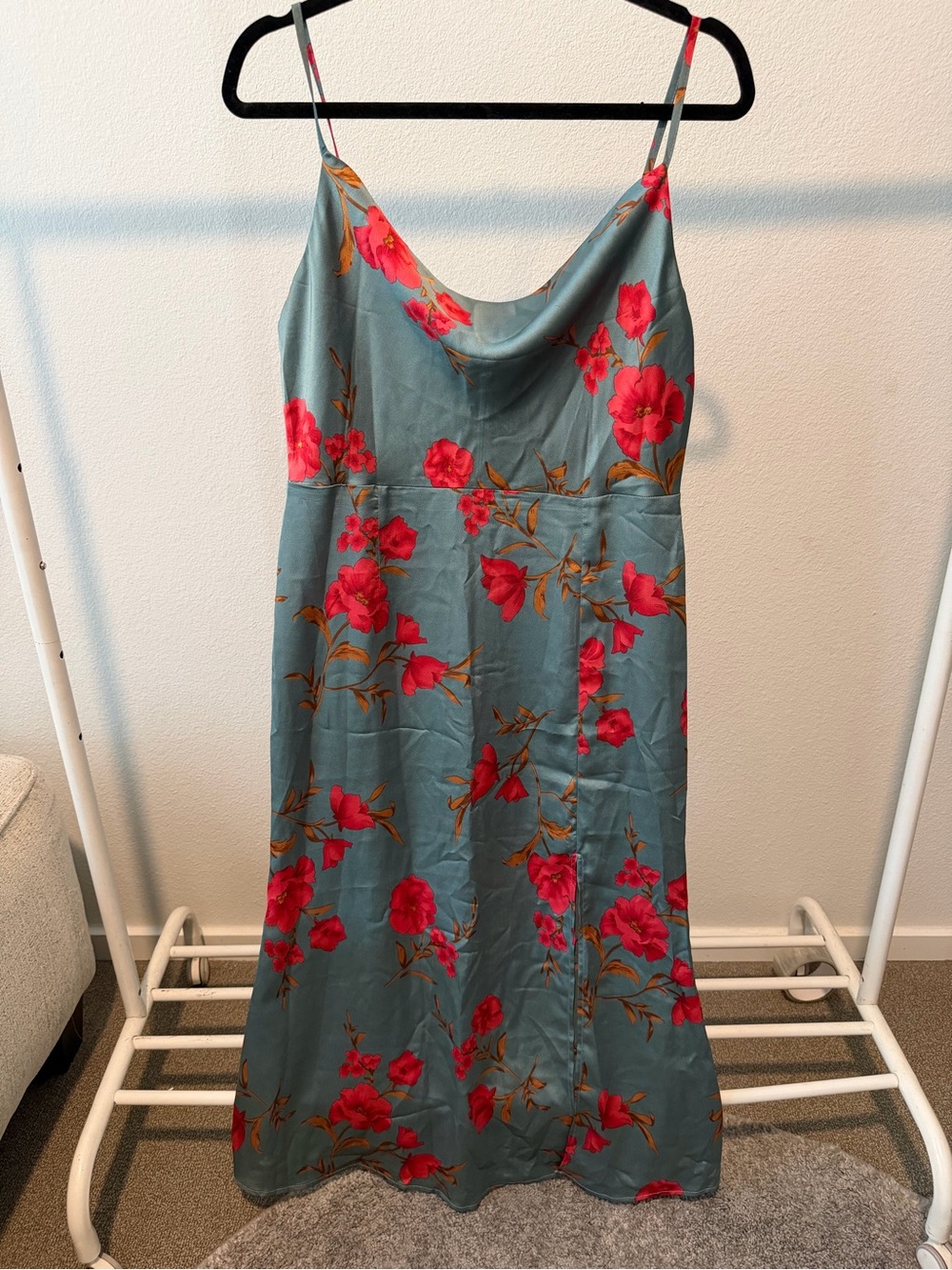 Blue Satin Slip Dress with Pink Floral Print